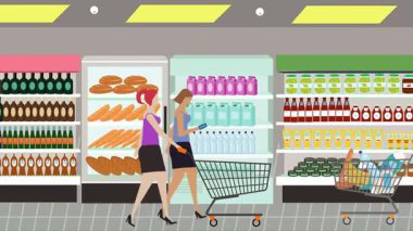 Hipermarkette yürüyen insanların çizgi film animasyonları, gıda ürünleri