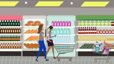 Hipermarkette yürüyen insanların çizgi film animasyonları, gıda ürünleri