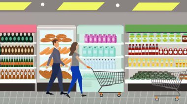 Hipermarkette yürüyen insanların çizgi film animasyonları, gıda ürünleri