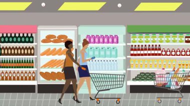 Hipermarkette yürüyen insanların çizgi film animasyonları, gıda ürünleri