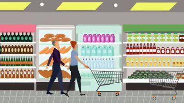 Hipermarkette yürüyen insanların çizgi film animasyonları, gıda ürünleri