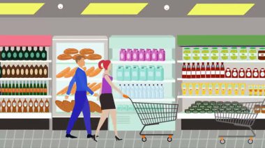 Hipermarkette yürüyen insanların çizgi film animasyonları, gıda ürünleri