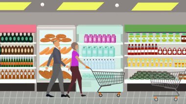 Hipermarkette yürüyen insanların çizgi film animasyonları, gıda ürünleri