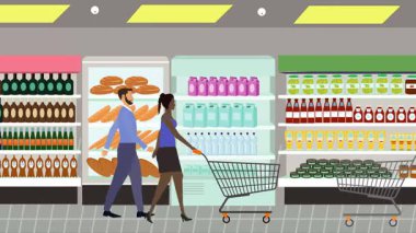 Hipermarkette yürüyen insanların çizgi film animasyonları, gıda ürünleri