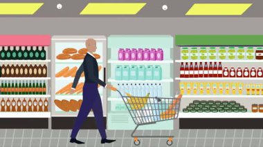 Hipermarkette yürüyen insanların çizgi film animasyonları, gıda ürünleri