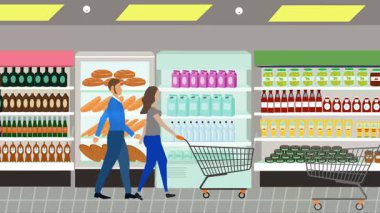 Hipermarkette yürüyen insanların çizgi film animasyonları, gıda ürünleri