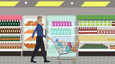 Hipermarkette yürüyen insanların çizgi film animasyonları, gıda ürünleri