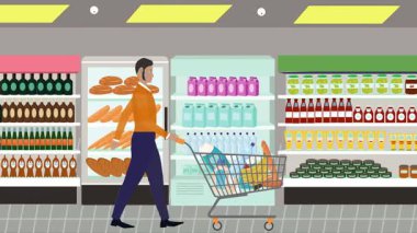 Hipermarkette yürüyen insanların çizgi film animasyonları, gıda ürünleri