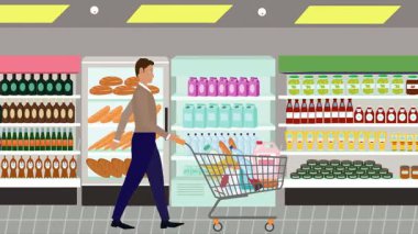 Hipermarkette yürüyen insanların çizgi film animasyonları, gıda ürünleri