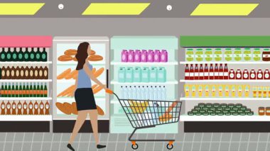 Hipermarkette yürüyen insanların çizgi film animasyonları, gıda ürünleri