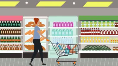 Hipermarkette yürüyen insanların çizgi film animasyonları, gıda ürünleri