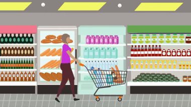 Hipermarkette yürüyen insanların çizgi film animasyonları, gıda ürünleri