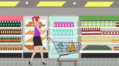 Hipermarkette yürüyen insanların çizgi film animasyonları, gıda ürünleri