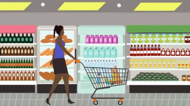 Hipermarkette yürüyen insanların çizgi film animasyonları, gıda ürünleri