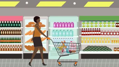 Hipermarkette yürüyen insanların çizgi film animasyonları, gıda ürünleri