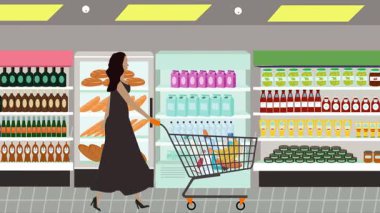 Hipermarkette yürüyen insanların çizgi film animasyonları, gıda ürünleri