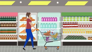 Hipermarkette yürüyen insanların çizgi film animasyonları, gıda ürünleri