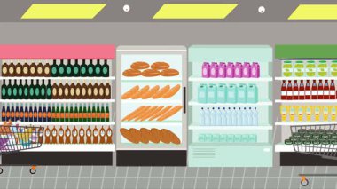 Hipermarkette yürüyen insanların çizgi film animasyonları, gıda ürünleri