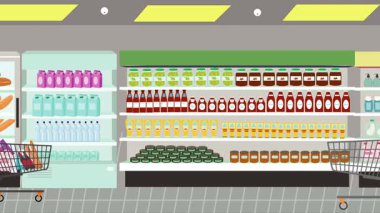 Hipermarkette yürüyen insanların çizgi film animasyonları, gıda ürünleri