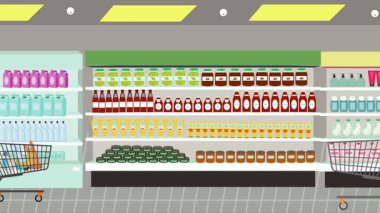 Hipermarkette yürüyen insanların çizgi film animasyonları, gıda ürünleri