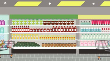 Hipermarkette yürüyen insanların çizgi film animasyonları, gıda ürünleri