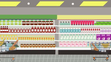 Hipermarkette yürüyen insanların çizgi film animasyonları, gıda ürünleri