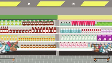 Hipermarkette yürüyen insanların çizgi film animasyonları, gıda ürünleri