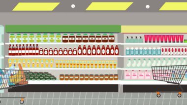 Hipermarkette yürüyen insanların çizgi film animasyonları, gıda ürünleri