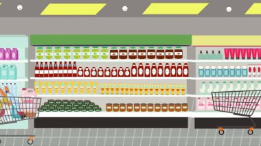 Hipermarkette yürüyen insanların çizgi film animasyonları, gıda ürünleri