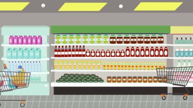 Hipermarkette yürüyen insanların çizgi film animasyonları, gıda ürünleri