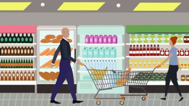 Hipermarkette yürüyen insanların çizgi film animasyonları, gıda ürünleri