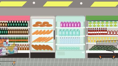 Hipermarkette yürüyen insanların çizgi film animasyonları, gıda ürünleri