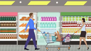 Hipermarkette yürüyen insanların çizgi film animasyonları, gıda ürünleri