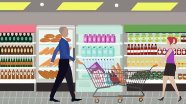 Hipermarkette yürüyen insanların çizgi film animasyonları, gıda ürünleri