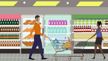 Hipermarkette yürüyen insanların çizgi film animasyonları, gıda ürünleri