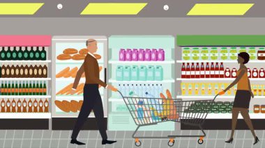 Hipermarkette yürüyen insanların çizgi film animasyonları, gıda ürünleri