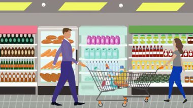 Hipermarkette yürüyen insanların çizgi film animasyonları, gıda ürünleri