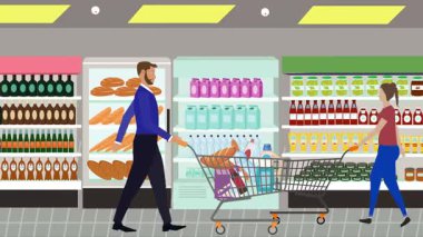 Hipermarkette yürüyen insanların çizgi film animasyonları, gıda ürünleri
