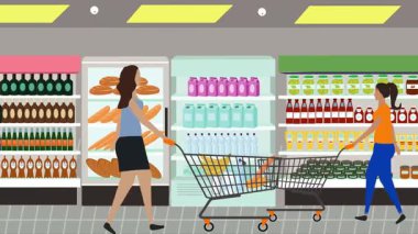 Hipermarkette yürüyen insanların çizgi film animasyonları, gıda ürünleri