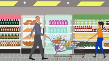 Hipermarkette yürüyen insanların çizgi film animasyonları, gıda ürünleri