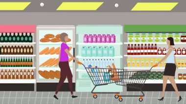 Hipermarkette yürüyen insanların çizgi film animasyonları, gıda ürünleri