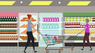 Hipermarkette yürüyen insanların çizgi film animasyonları, gıda ürünleri