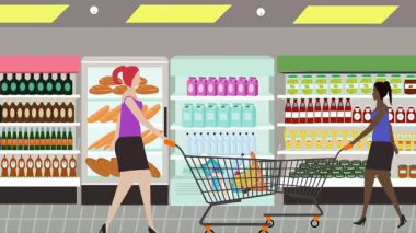 Hipermarkette yürüyen insanların çizgi film animasyonları, gıda ürünleri