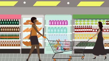 Hipermarkette yürüyen insanların çizgi film animasyonları, gıda ürünleri