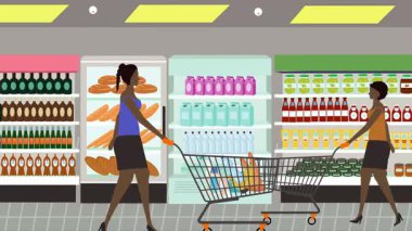 Hipermarkette yürüyen insanların çizgi film animasyonları, gıda ürünleri