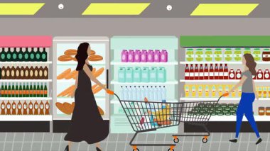 Hipermarkette yürüyen insanların çizgi film animasyonları, gıda ürünleri