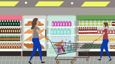 Hipermarkette yürüyen insanların çizgi film animasyonları, gıda ürünleri