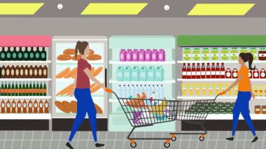 Hipermarkette yürüyen insanların çizgi film animasyonları, gıda ürünleri