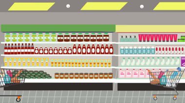 Hipermarkette yürüyen insanların çizgi film animasyonları, gıda ürünleri