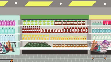 Hipermarkette yürüyen insanların çizgi film animasyonları, gıda ürünleri